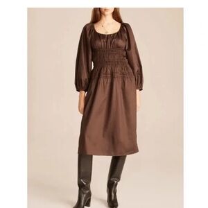Rebecca Taylor smocked puff-sleeve midi dress in peat brown cotton